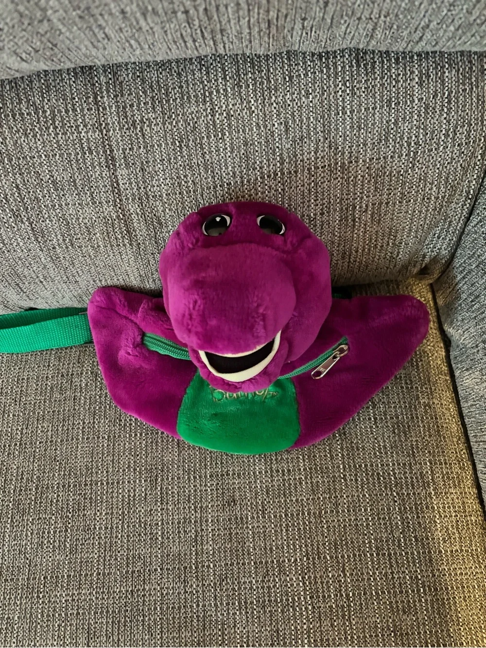 Kids Plush Purple Barney Waist Bag with Green Accent